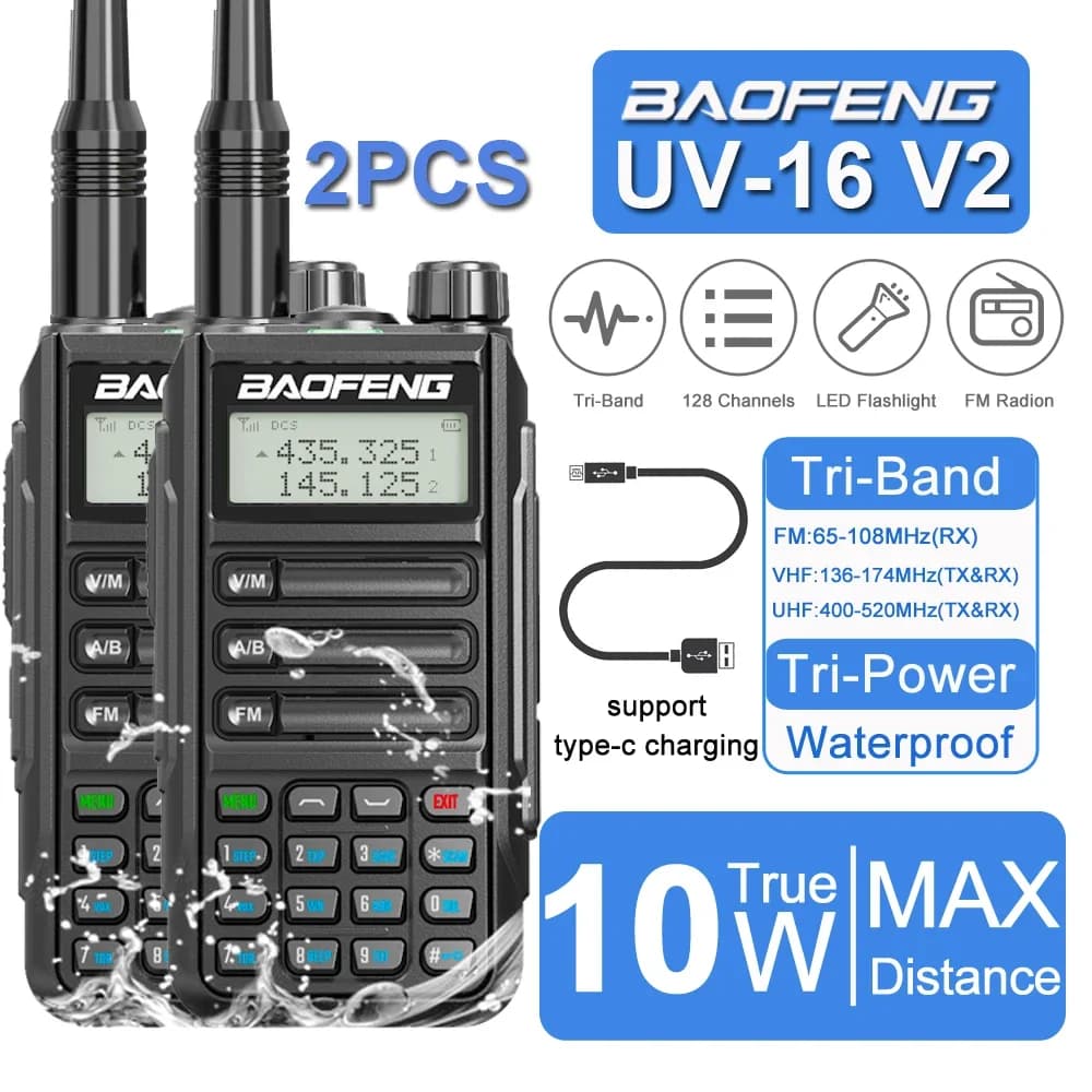 2 pz Baofeng UV-16 MAX Walkie Talkie 10 KM Militare 10 W Potente Impermeabile VHF UHF CB Ham Dual Band Radio bidirezionale USB-C Caricatore