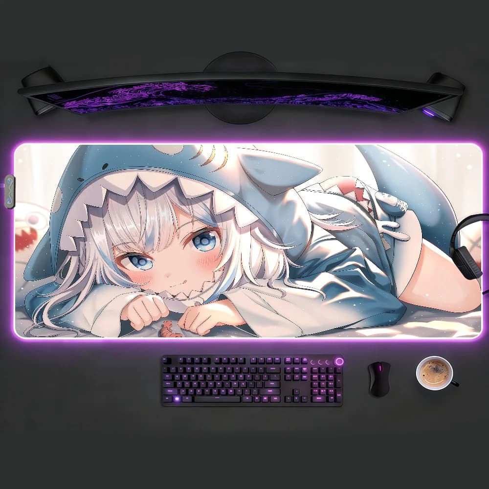 Tappetino per mouse Anime Gawr Gura RGB LED Tappetino da scrivania antiscivolo Accessori da gioco in gomma Tappetino per tastiera da ufficio per computer di grandi dimensioni