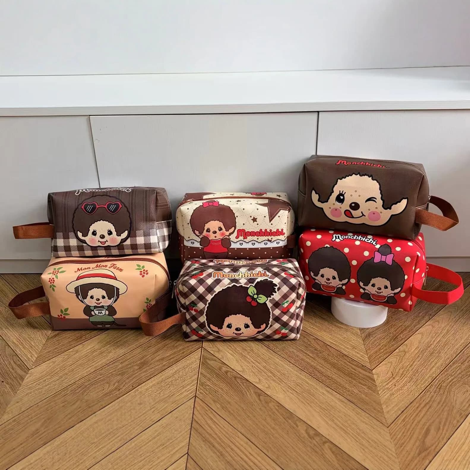 Monchichi square hand-held makeup bag double-sided printed crossbody bag girl cute portable crossbody bag