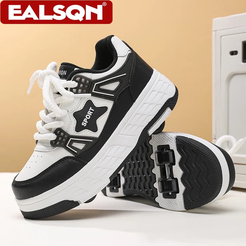 Kids Shoes with Four Stackable Wheels, Outdoor Sport Shoes with Laces, Casual Stroller Shoes for Boys and Teenagers
