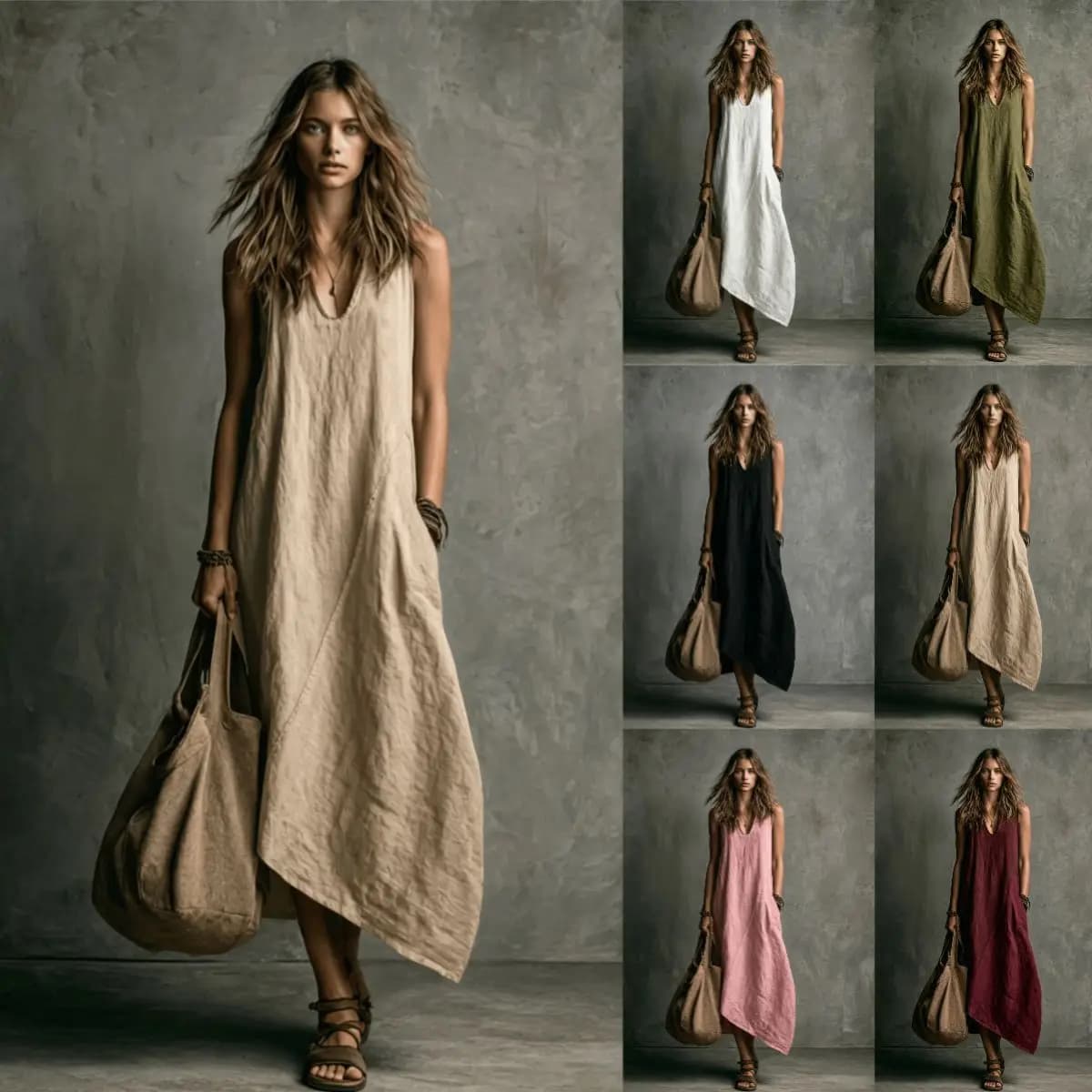 Casual Summer New Fashion Patchwork Sleeveless Pocket Pants Vacation Style Vest Casual Dress Elegant Waist Cotton Linen Material