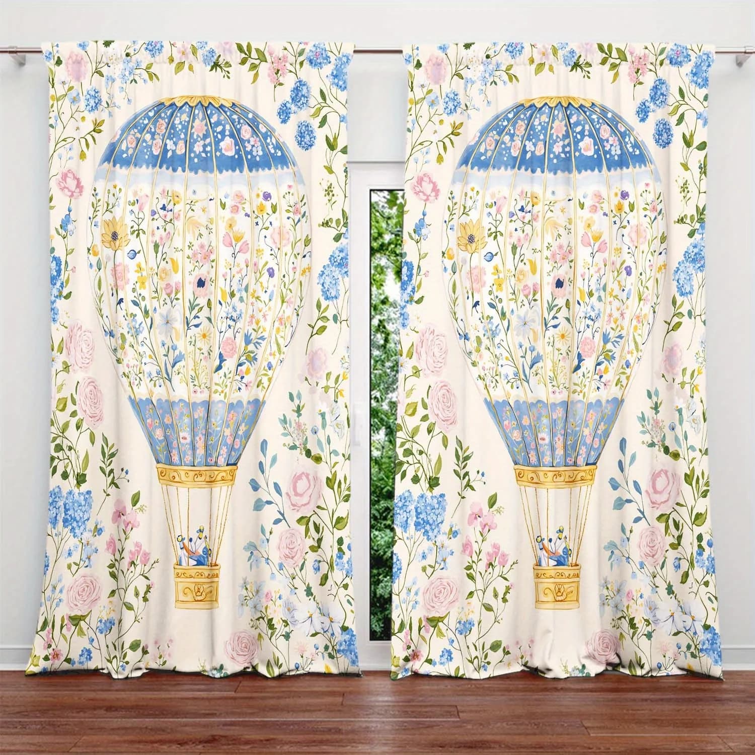 Floral hot air balloon themed curtain. With rod pocket design, it is easy to hang and suitable for in living rooms and offices