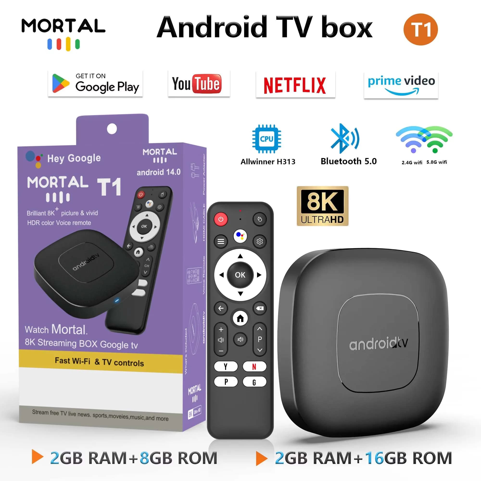 Prezzo di fabbrica Mortal T1 TV Box Allwinner H313 Android14 2.4G&5G Wifi 6 4K BT5.0 Assistente vocale Lettore multimediale in streaming intelligente