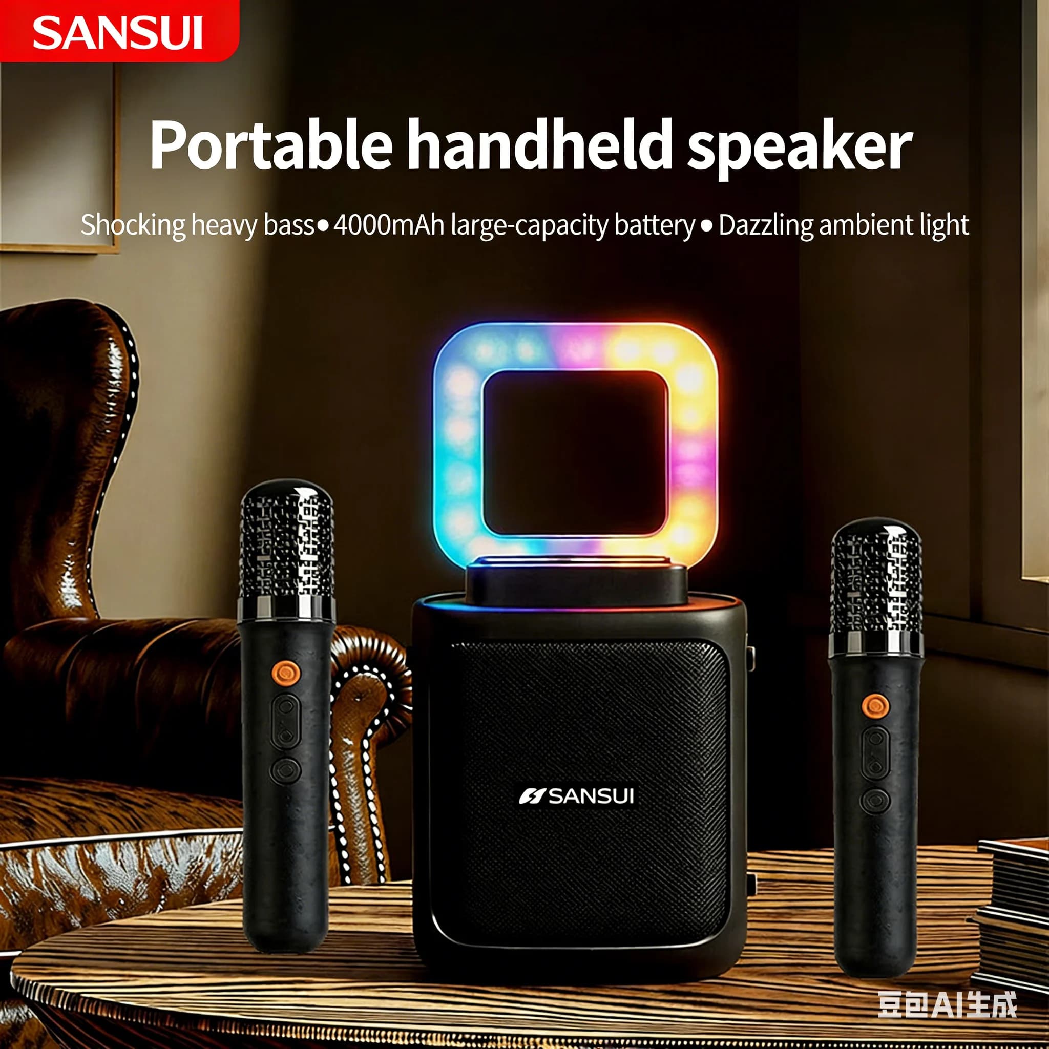 SANSUI V63 Macchina per Karaoke Wireless, Altoparlante Bluetooth Portatile, 360 ° Audio Surround, Luci RGB, Batteria da 4000mAh per Karaoke Domestico