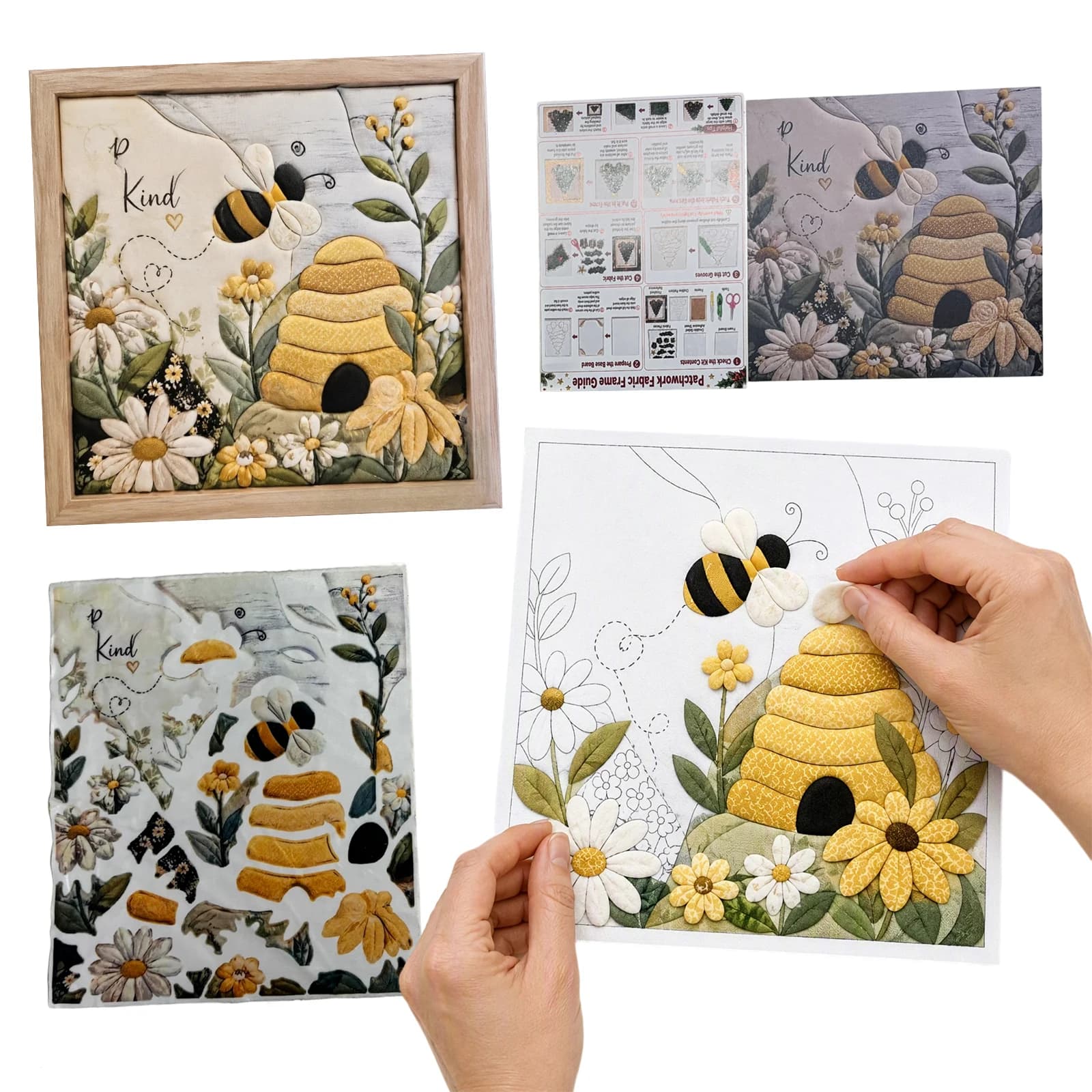 Bee-Themed Punch Needle Embroidery Kit No-Sew Kinusaiga Fabric Art Kit for Adults DIY Fabric Mosaic Wall Art Craft with Frame