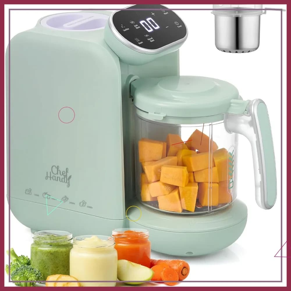 Robot da Cucina 5-in-1 per Bambini: Vaporiera, Frullatore e Processore con Cestello in Acciaio Inossidabile, Senza BPA, 6 Sacchetti, Verde