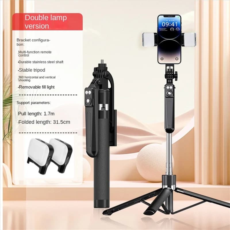 A32T-Per smartphone compatibile con luce di riempimento equipaggiata supporto per treppiede per telefono espandibile selfie stick con telecomando wireless BT staccabile