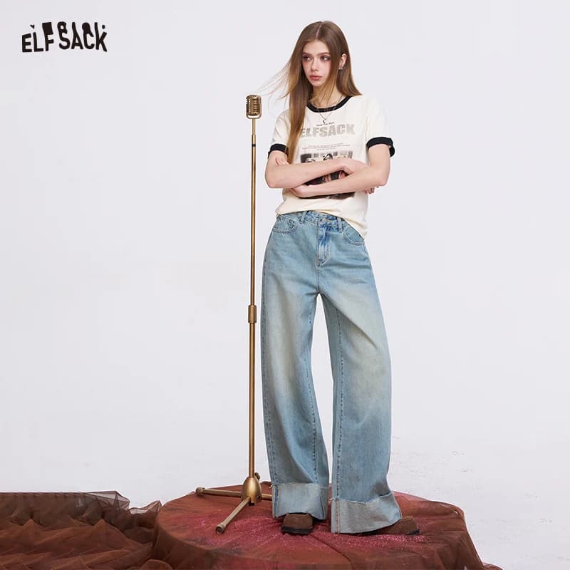 ELFSACK Jeans da donna a gamba larga blu chiaro con orlo ampio e risvoltato, pantaloni larghi in denim a vita alta per tutti i giorni, pantaloni chic a vita alta