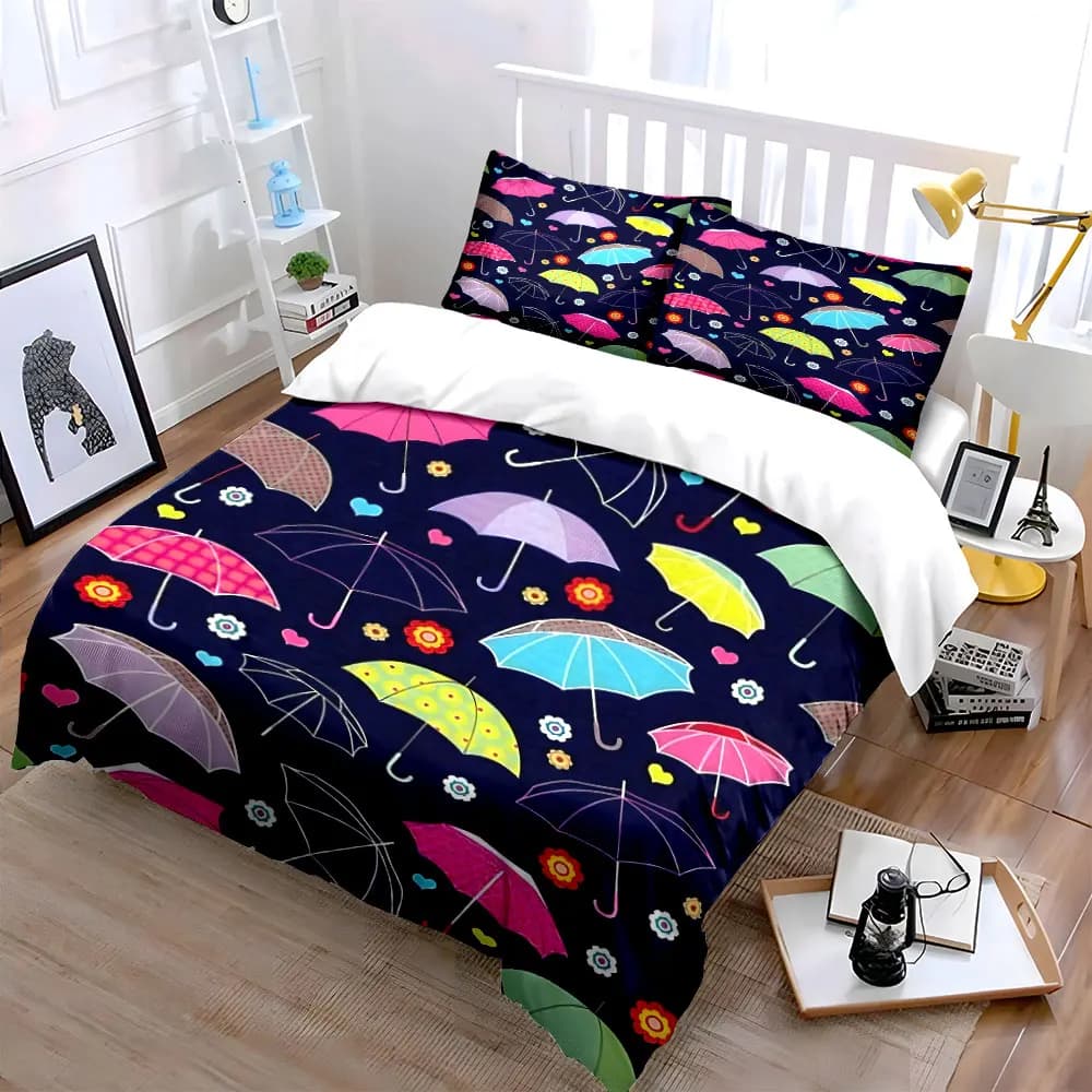 Set di biancheria da letto colorata con motivo a ombrelli, morbida e delicata sulla pelle, include 1 copripiumino e 2 federe, idea regalo