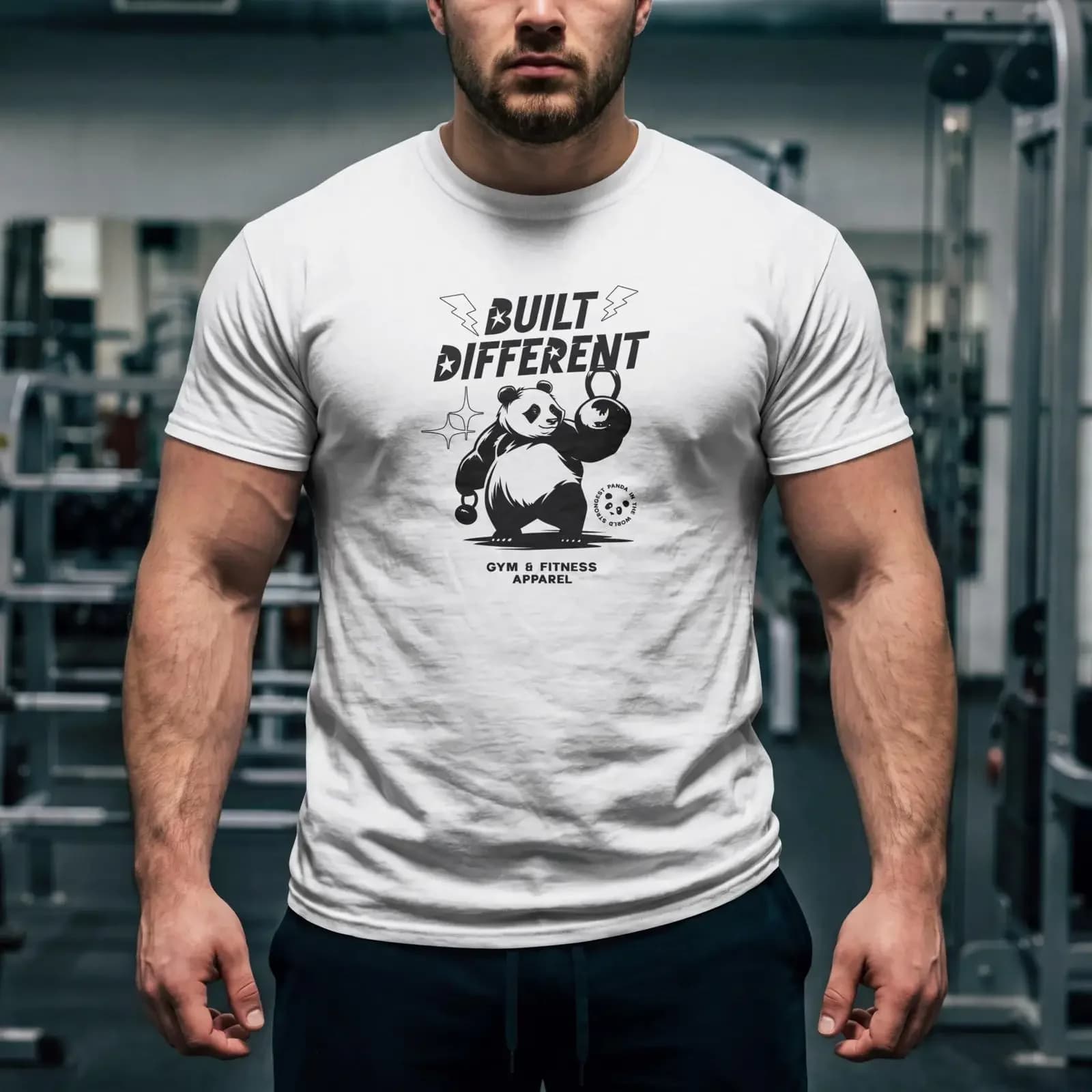 Built Different Funny Kettlebell Panda Weightlifter T Shirt Casual Gym Workout Fitness for Strength Athletes vintage Washed