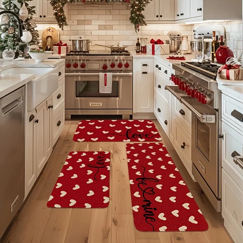 VIKAMA Festivo Tappeto rosso con motivo a cuore Tappeto in morbida flanella Cucina e corridoio Zerbino Decorazioni per la casa Tappeto per tappeti da cucina per soggiorno