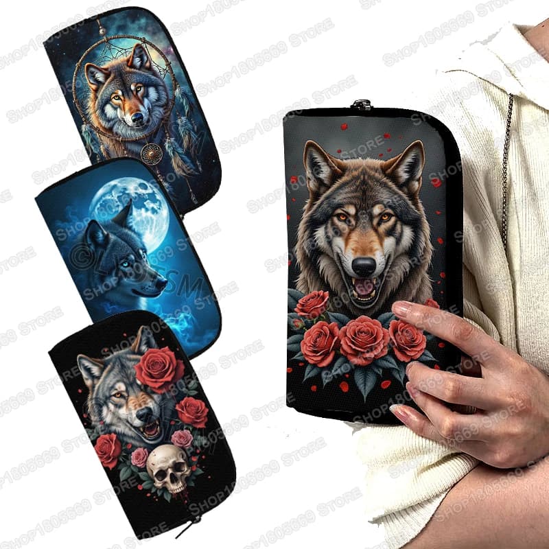 Galaxy Wolf Dreamcatcher Print Wallet Cool Wolf Moon Coin Money Bags Key Credit Card Organizer Long Small Clutch Gift