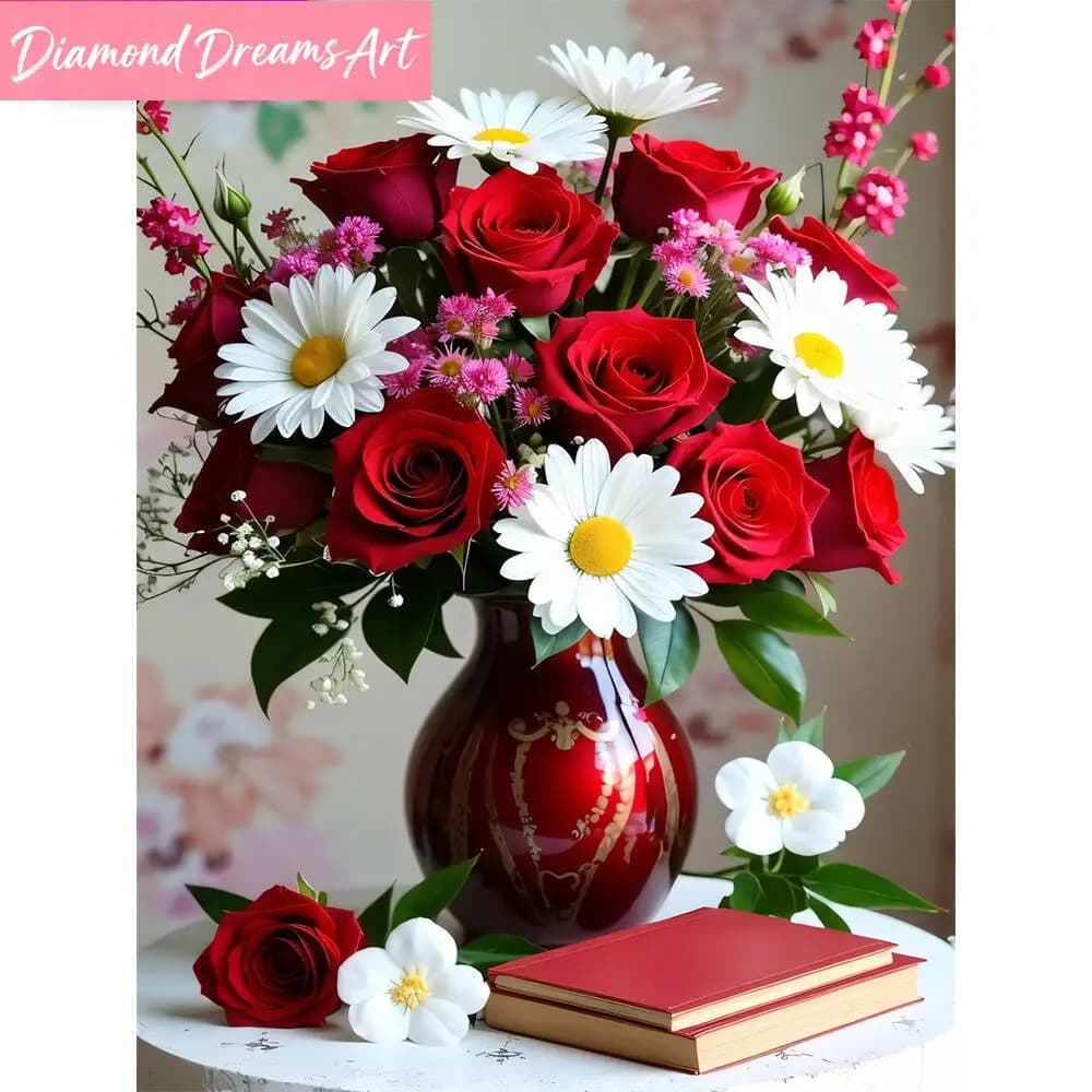 Quadro 5D fai da te con ricamo a diamante, mosaico floreale di rose e crisantemi in vaso con strass, decorazione da parete, senza cornice