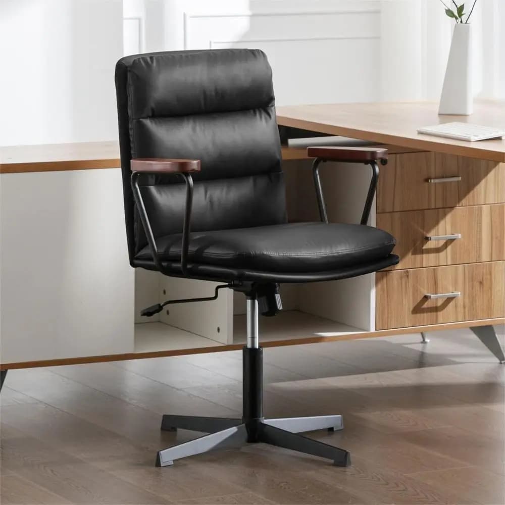 Sedia da scrivania ergonomica con braccioli in legno, sedile in pelle PU, sedia girevole da toeletto, comoda sedia da ufficio imbottita (Nera)