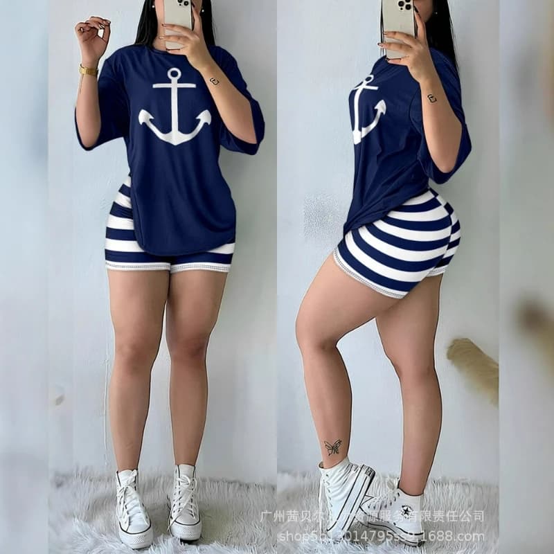 Women Two Piece Short Sets Print Slim Fit Tops Pencil Pants Casual Spliced Round Neck Top Shorts Suit Sporty Summer