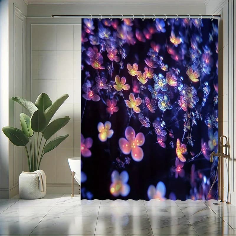 Set tenda da doccia con fiori che si illuminano al buio, design artistico viola, resistente all'acqua, divisorio per vasca, lavabile in lavatrice