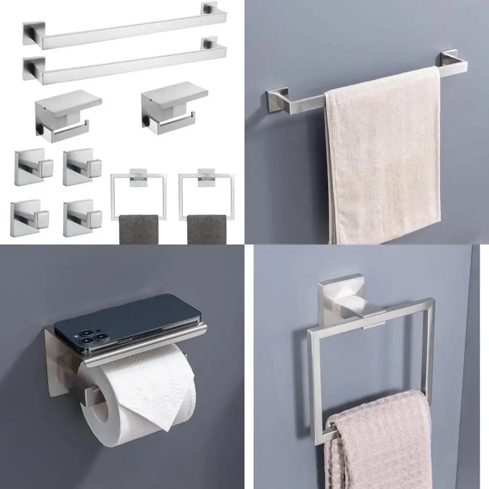 Stainless steel bathroom accessories set: 10 pieces towel rack, rings, toilet paper holder, brushed finish