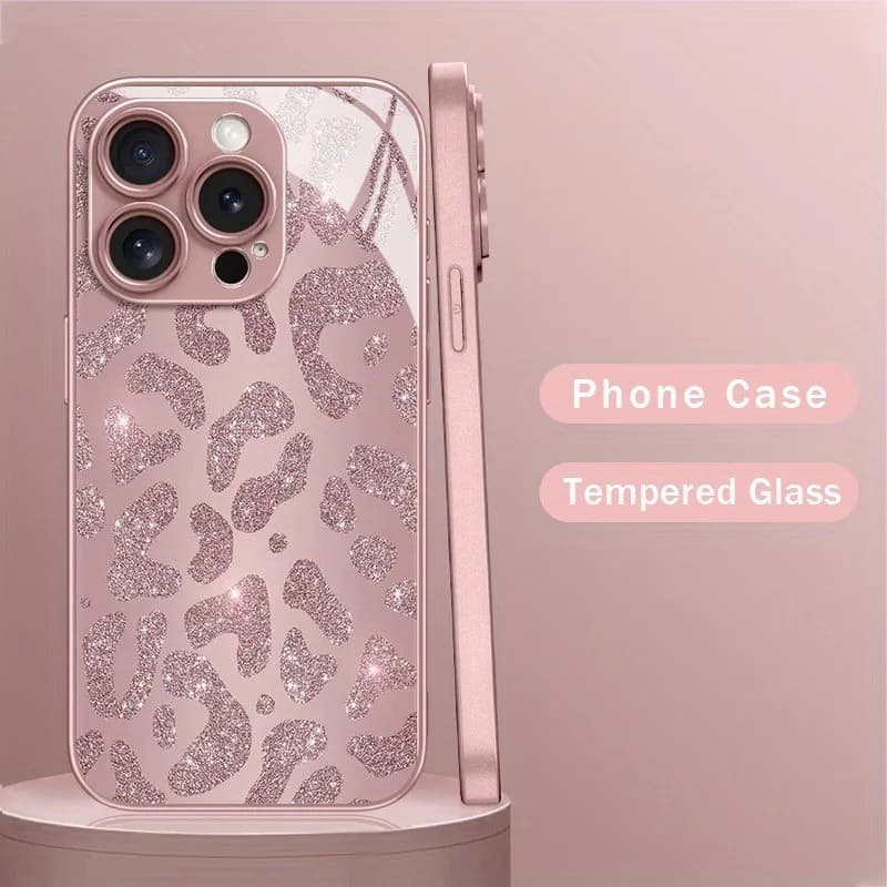 Phone Case with Fashion Pink Leopard Print for iPhone 17 16 15 14 13 12 Mini 11 Pro XS Max X Air Plus Luxury Tempered Glass Cover