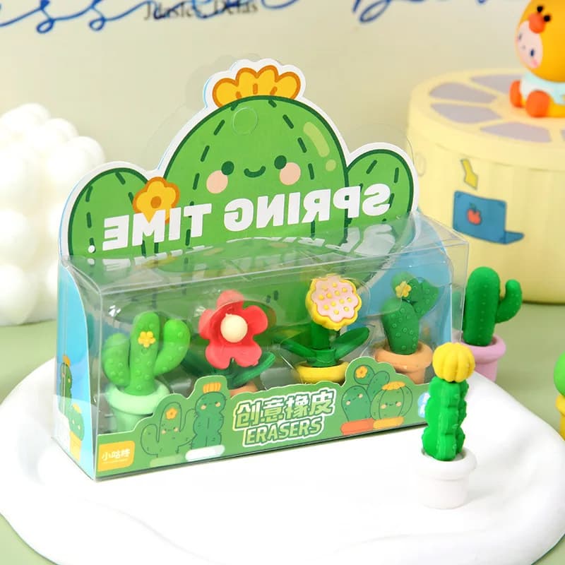 4Pcs/box Cute Mini Succulent Cactus Potted Eraser Creative Fun Student Stationery Gifts Kawaii School Supplies Erasers for Kids
