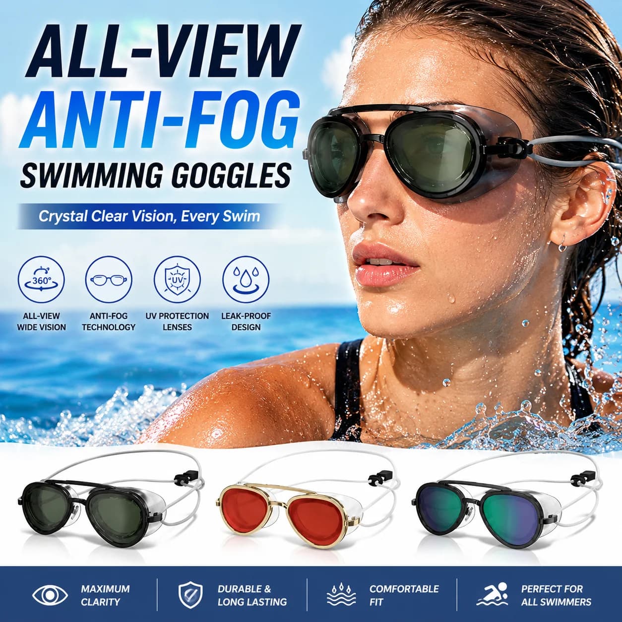 New Panoramic View Anti Fog Swimming Goggles UV Protection Leakproof HD Clear Vision Adjustable Silicone Strap Goggles