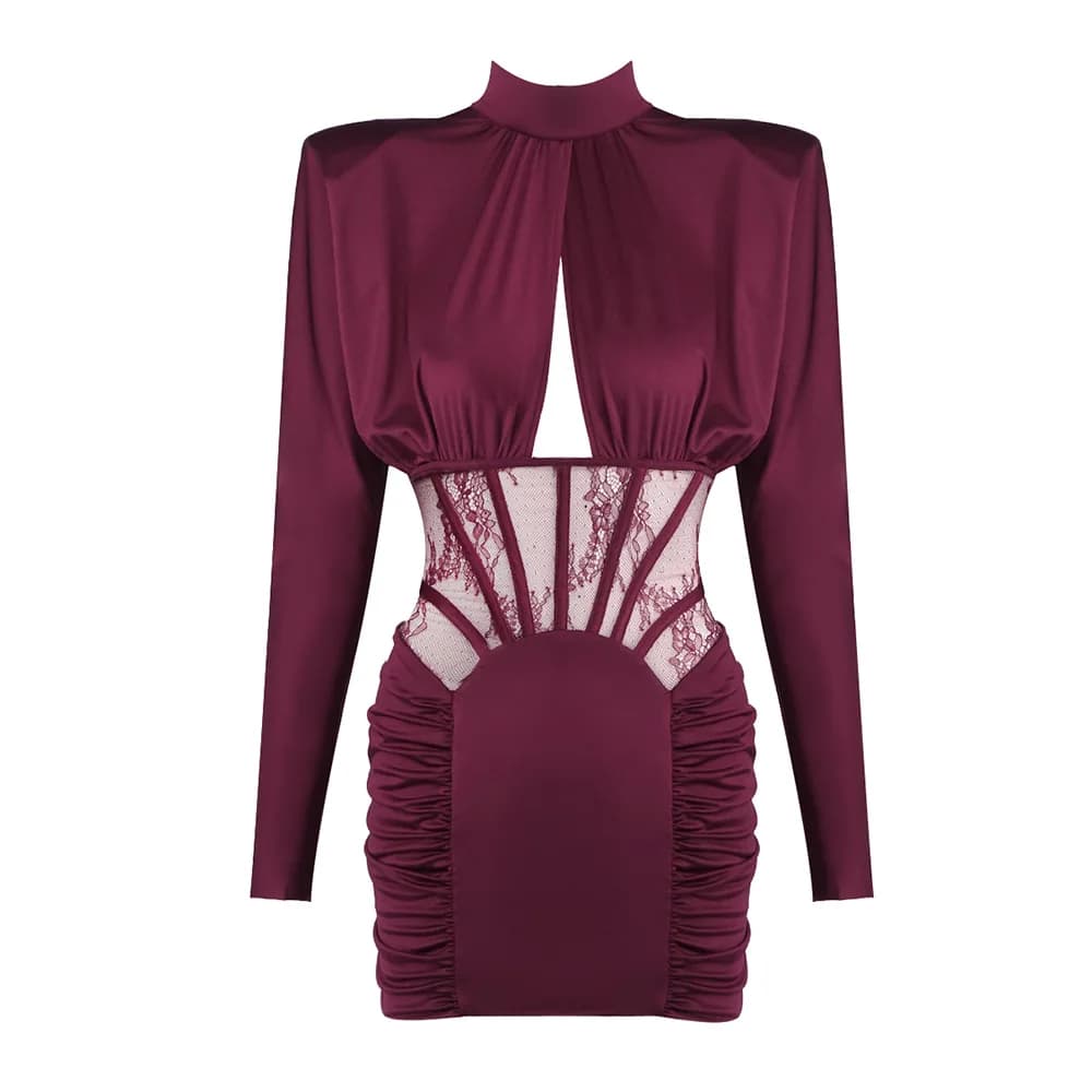 Sexy Burgundy Bodycon Mini Dress High Neck Tiered Ruffle Layered Lace Mesh Waist Cut Out Back Cocktail Party Club Wear Gowns