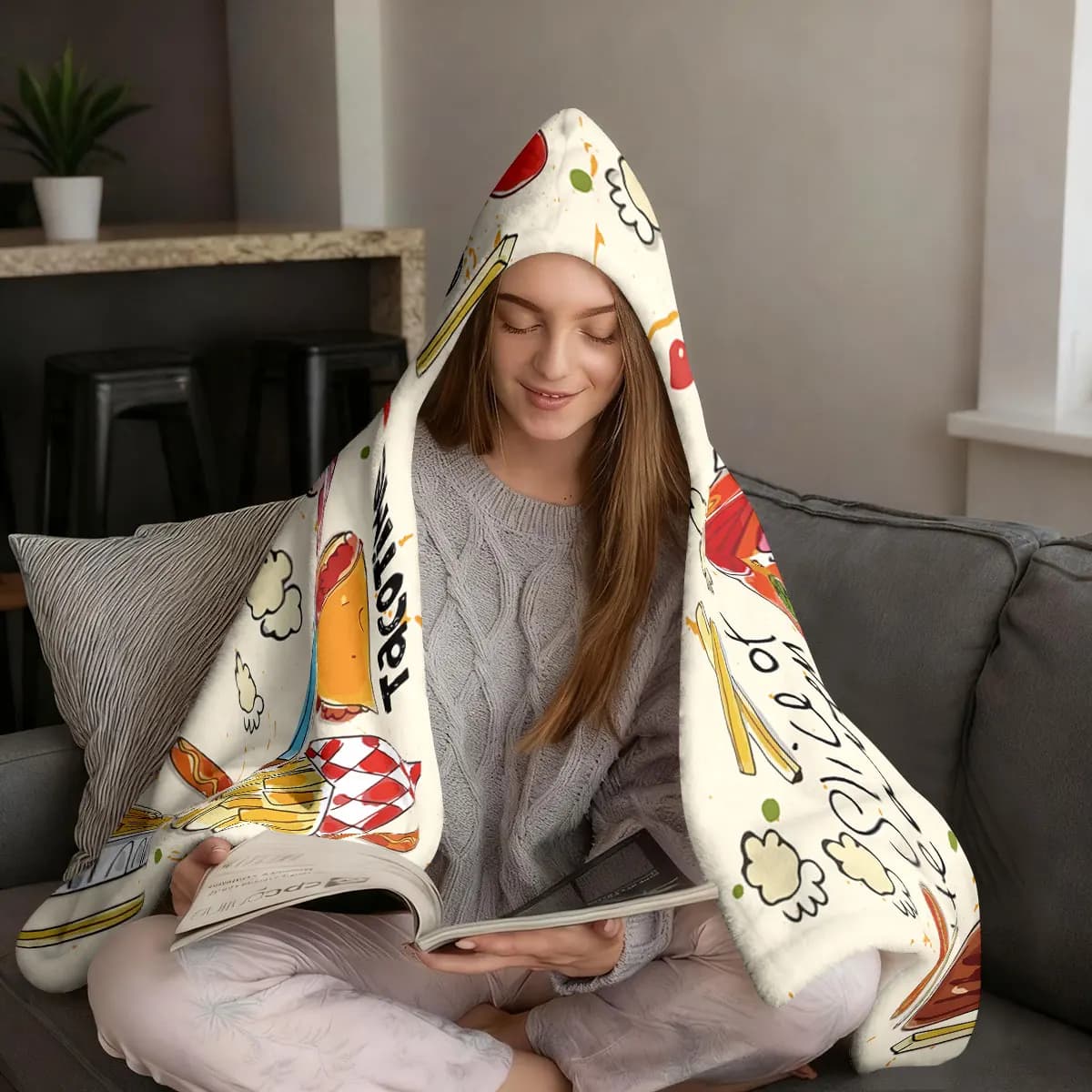 Cartoon Burger Fried Chicken Gourmet Stampato Flanella Felpa con cappuccio Indossabile Mantello Coperta Morbida e calda Multi Size Tappeto casual