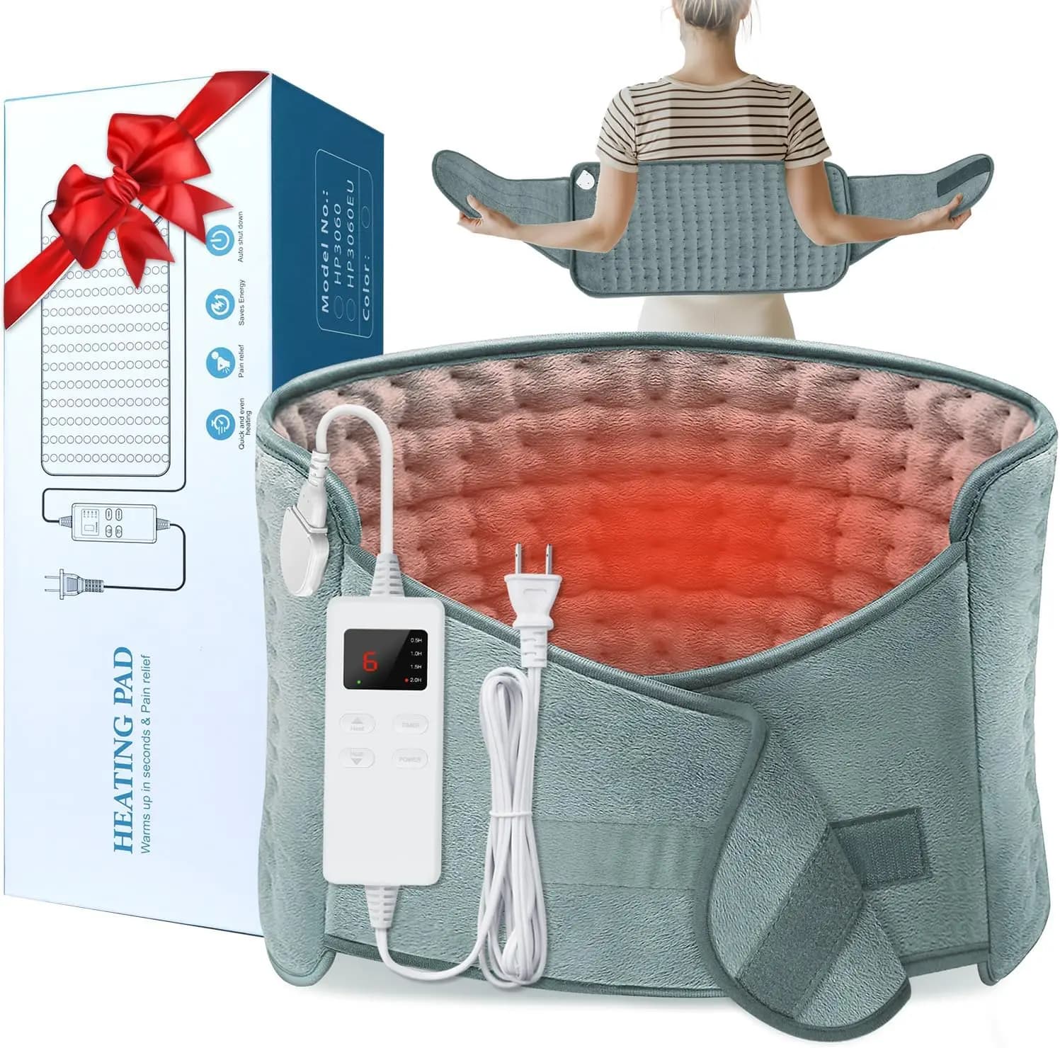 Electric heating pad with belt, 6 heat settings and automatic shutdown for back pain, menstrual cramp relief