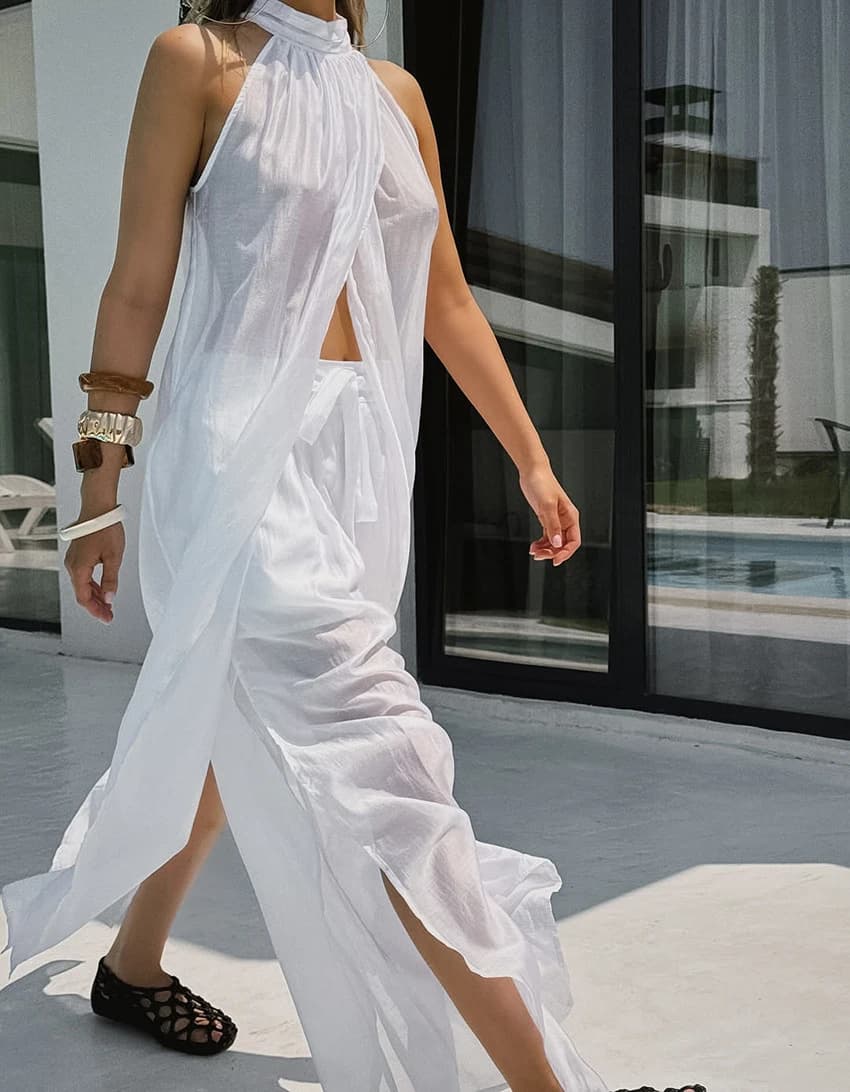 Camicetta Sexy Bianca con Scollo all'Americana e Schiena Scoperta da Donna, Top Lungo in Chiffon Senza Maniche con Spacco Alto, Camicia da Festa, Copricostume da Spiaggia per Vacanze 2026