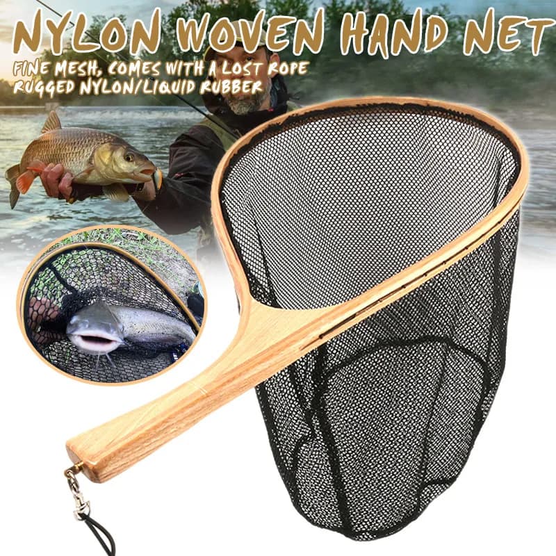 Guadino da Pesca a Mosca con Rete a Maglie per Trota, Manico in Legno, Portatile, Accessori per la Pesca a Mosca, Borsa a Rete Adesiva ad Asciugatura Rapida