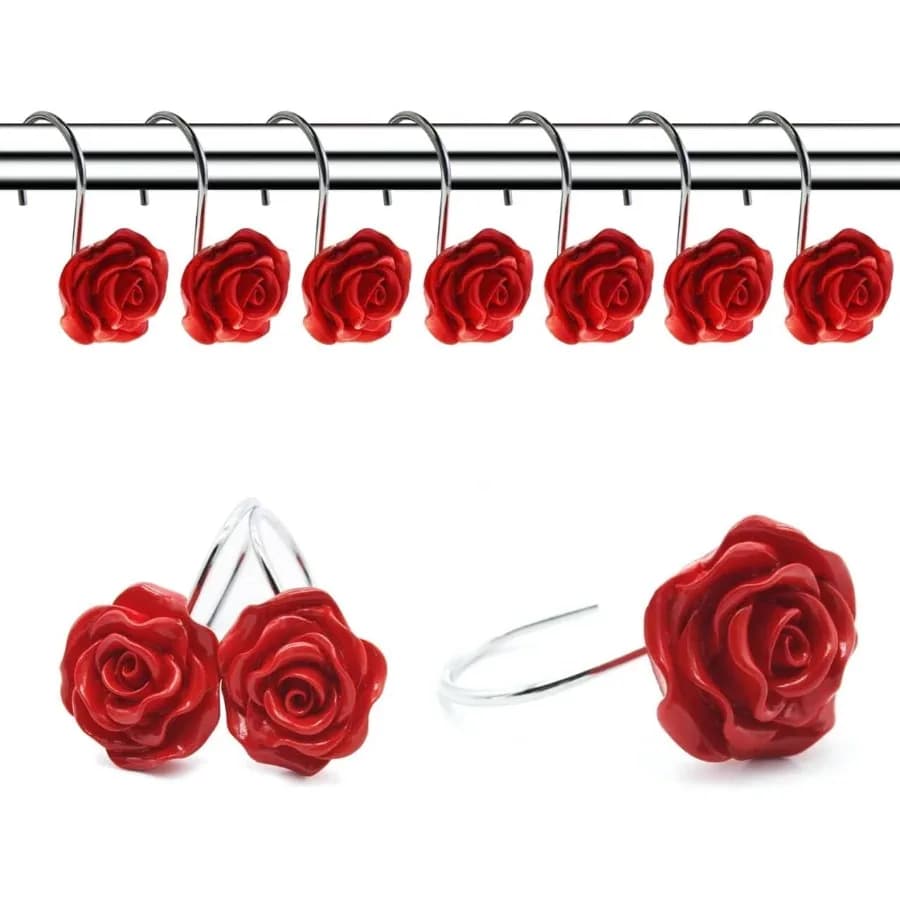 12 ganci per tende da doccia anti Rt decorativi per la casa, design rosa, anelli per tende da doccia, ganci ROSSO