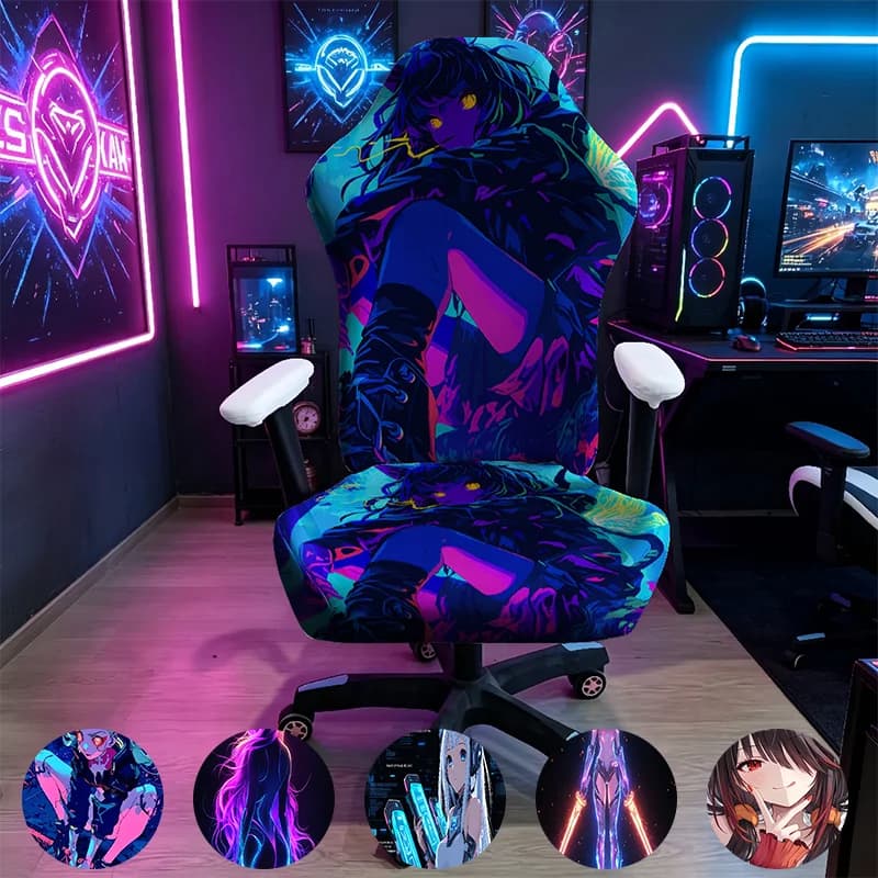 Neon Cyberpunk Dark Anime Girl Gaming Chair Cover, Stretch Elastic Anti-Scratch Slipcover for Gamer & Office Chair