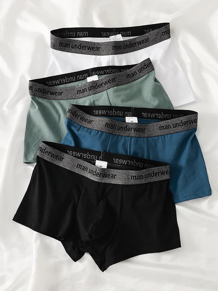 Confezione da 4 boxer in cotone da uomo - Cintura con logo "intimo da uomo", set di biancheria intima bianca, verde salvia, blu e nera assortiti