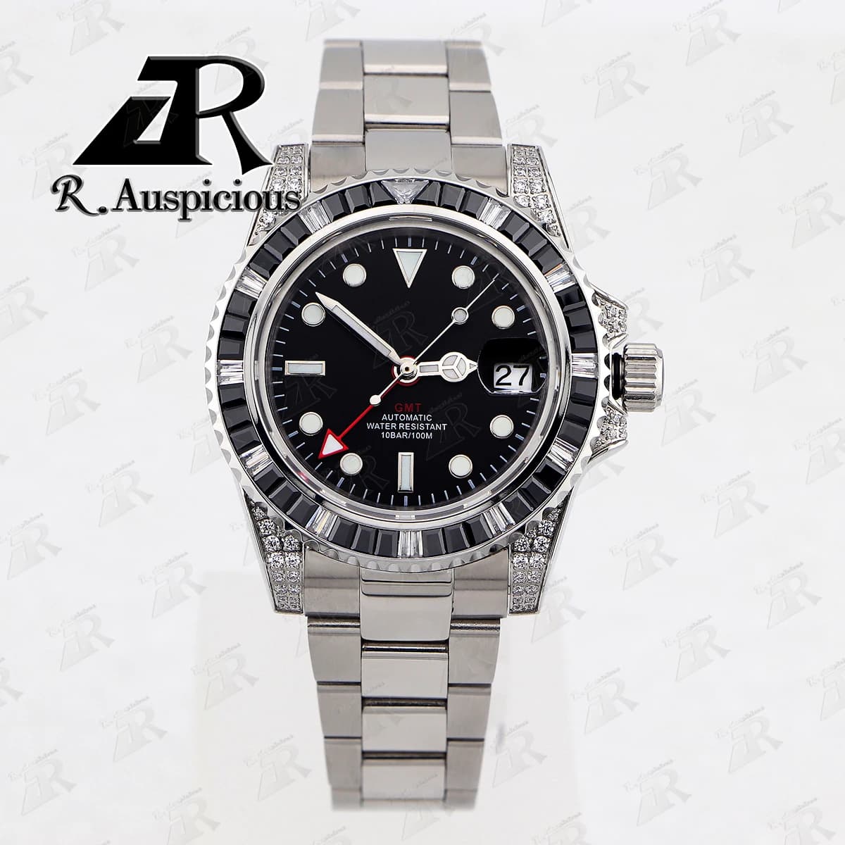 40mm NH34 GMT Orologio da uomo in acciaio inossidabile con diamanti Vetro zaffiro Orologi meccanici automatici sub impermeabili Logo personalizzabile