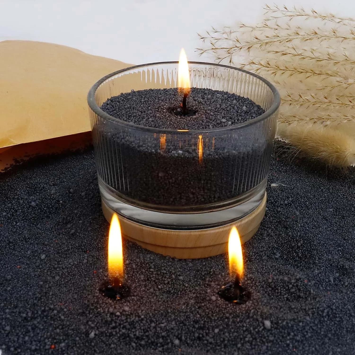 Sabbia Nera per Candele con Stoppino, 200g con 10 Stoppini, Sabbia Perlata per Candele, Granuli di Cera per la Realizzazione di Candele
