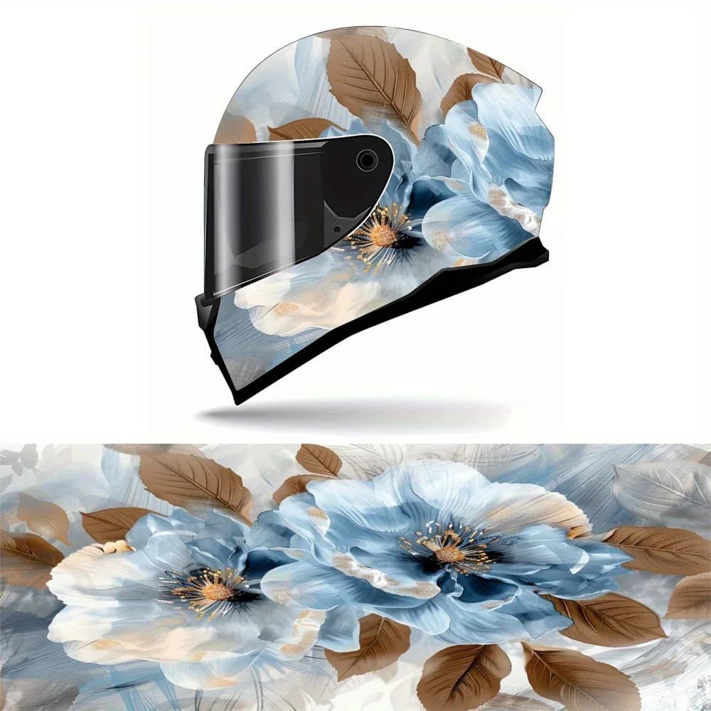 Floreale blu e bianco: grafica tematica elegante acquerello, decalcomania per casco da motociclista - PVC resistente; Casco da motociclista Aetico