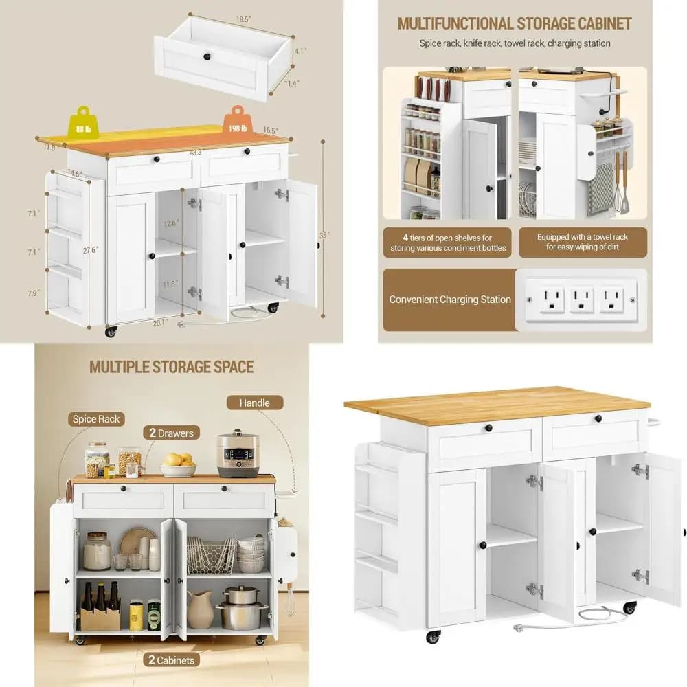 Carrello da Cucina con Ruote 53.1 con Presa di Corrente, Piano Ribaltabile, Porta Spezie, Portasciugamani, Bianco
