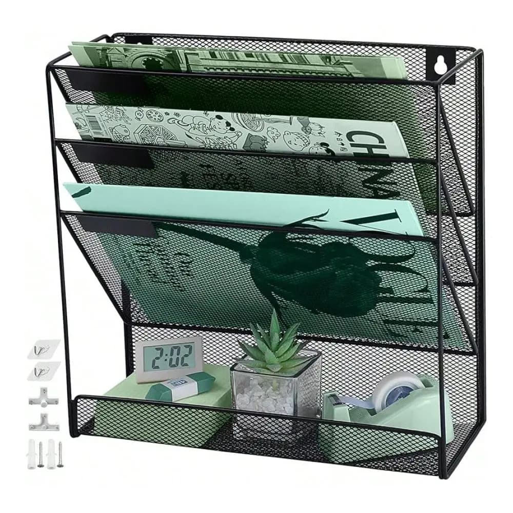 Organizzatore da Parete in Rete con Tasche e Vassoio Inferiore Piatto, Porta Documenti e Riviste da Ufficio, Ganci per Etichette e Targhette