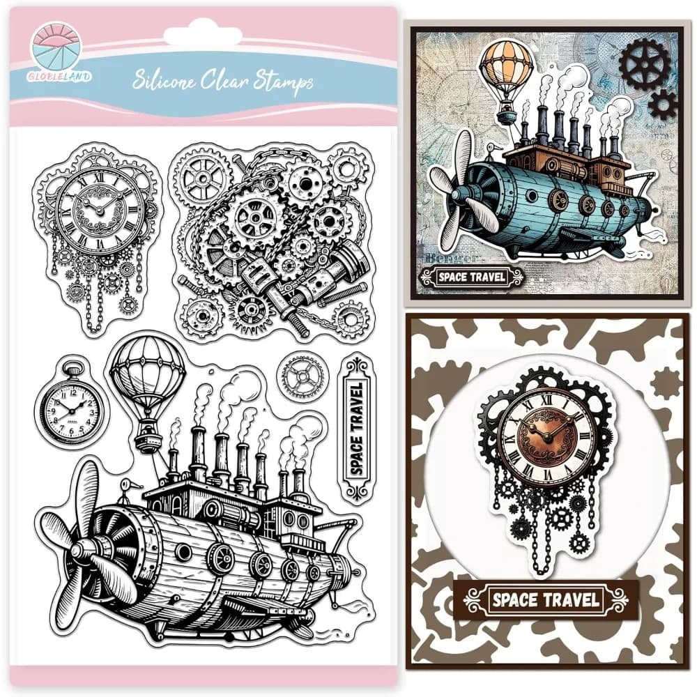 1PC Vintage Steampunk Astronave Ingranaggi Timbri trasparenti Orologio meccanico Timbri trasparenti Timbro a mongolfiera