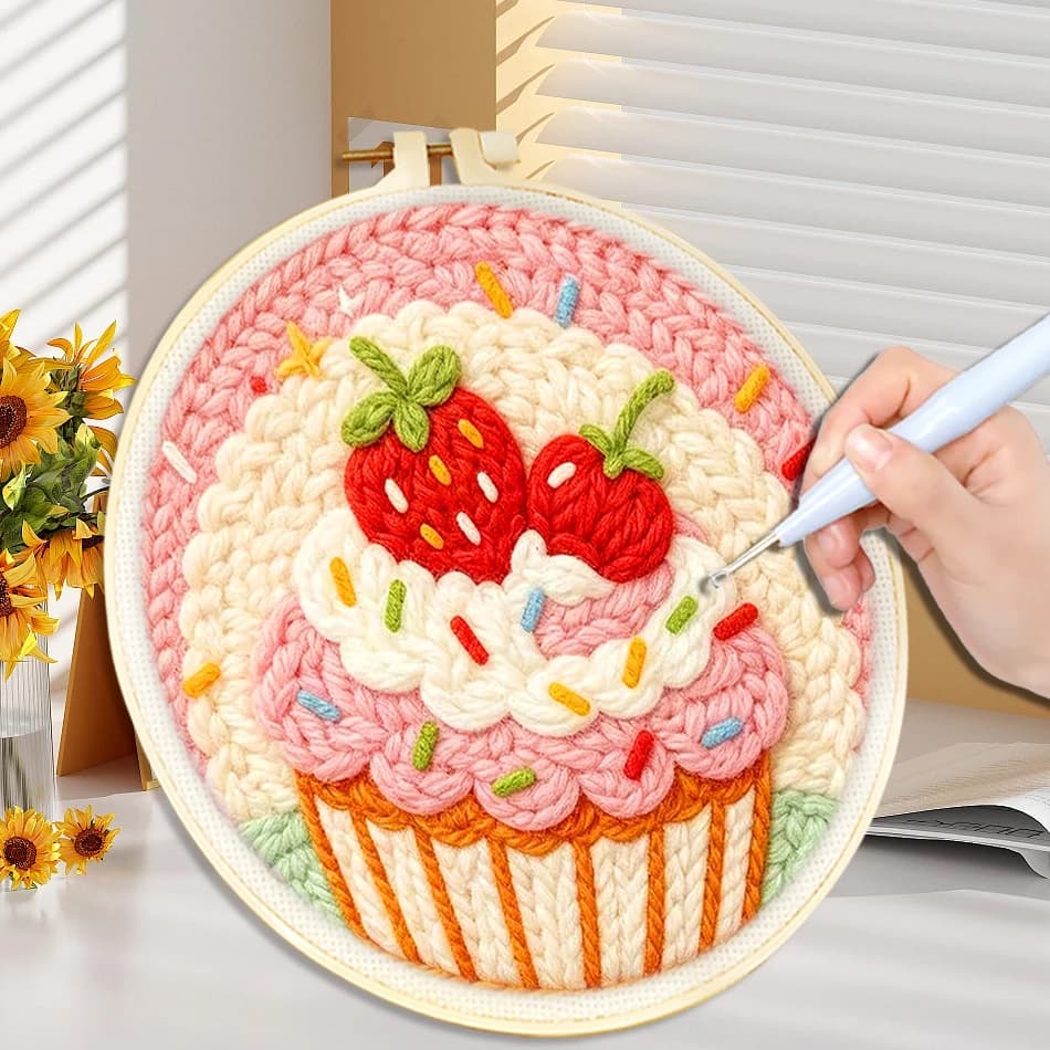 Punch Needle Embroidery Kit For Beginners Sweet Dessert Tool with Punch Needle Fabric, Hoops Yarns and Sewing Needles Home Decor