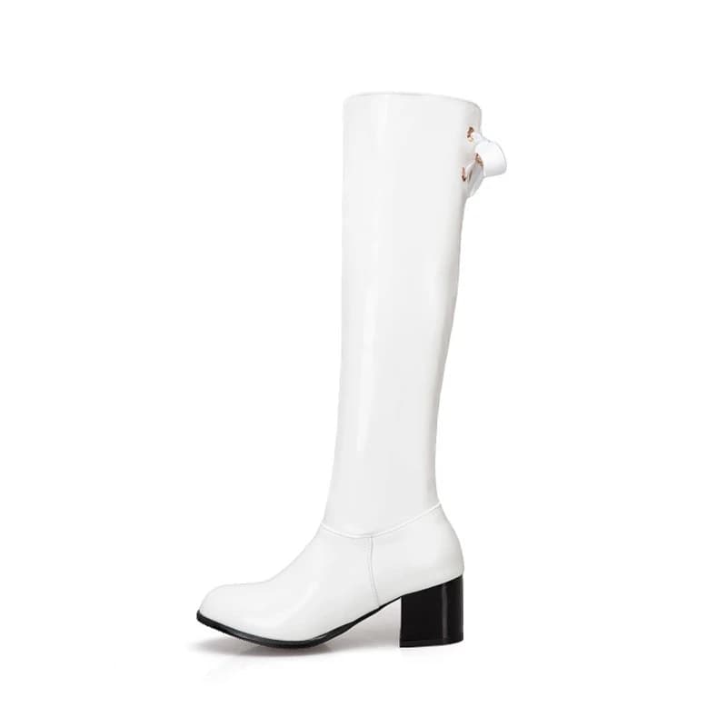 REAVE CAT Woman's Knee High Boots Round Toe Block Heels Rubber Size 33 46 47 48 49 50 Ribbons Black White Red S2684 Autumn