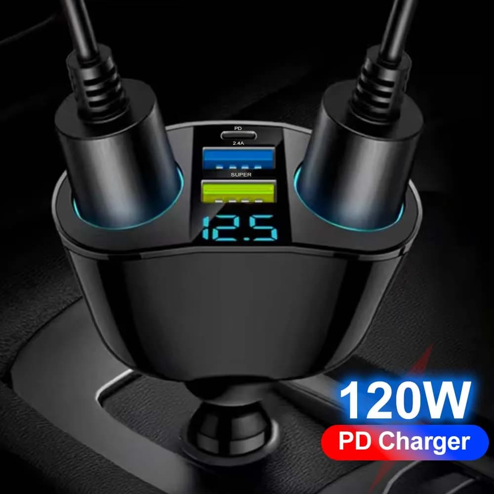 Caricabatteria per auto USB C da 120 W 3 porte 2.4A ricarica rapida PD tipo C presa accendisigari per iPhone Huawei Sumsung Xiaomi LED