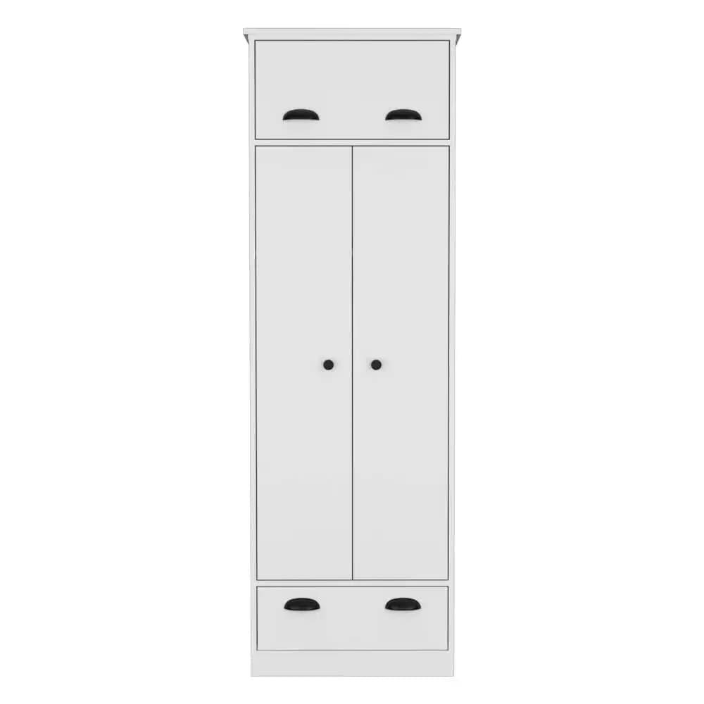 L'attico ha 1 porta, 2 ripiani centrali, 1 appendiabiti, 2 ante e un mobiletto bianco con 1 cassetto in fondo.