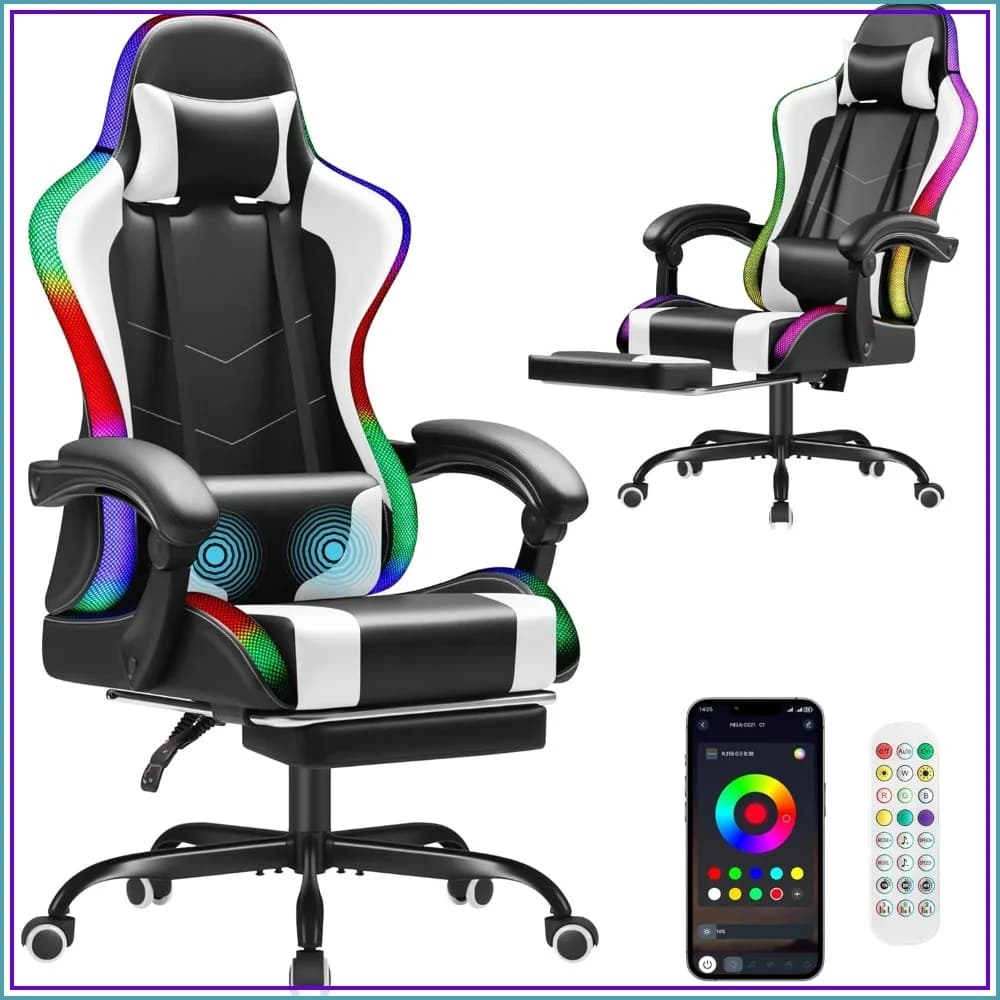 Ergonomic Gaming Chair with Footrest & Massage, 135° Recline, Adjustable Height, Swivel & Headrest
