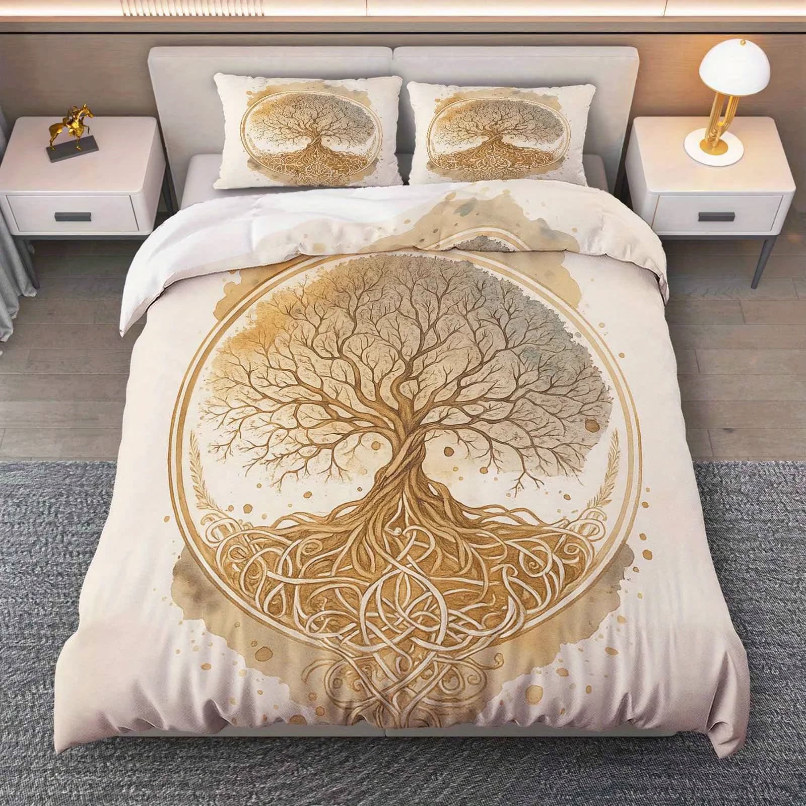 Set copripiumino albero della vita da 3 pezzi, biancheria da letto a tema arte naturale con federe, design artistico per studio soggiorno camera da letto