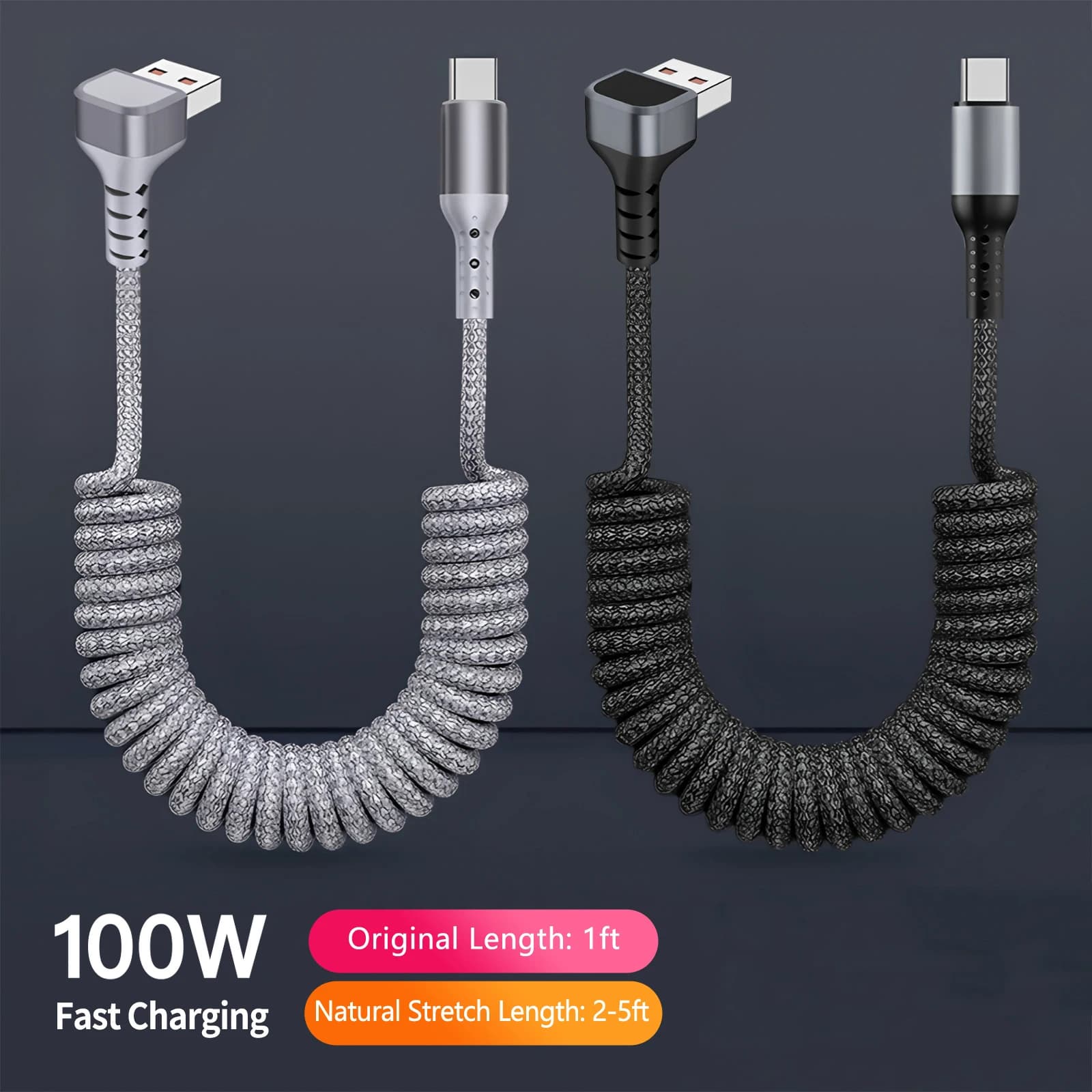 100W Coiled USB A to USB C Cable for Carlife & Carplay,1.5m 90 Degree Retractable Data Cable for iPhone 17/16,Samsung Galaxy A17