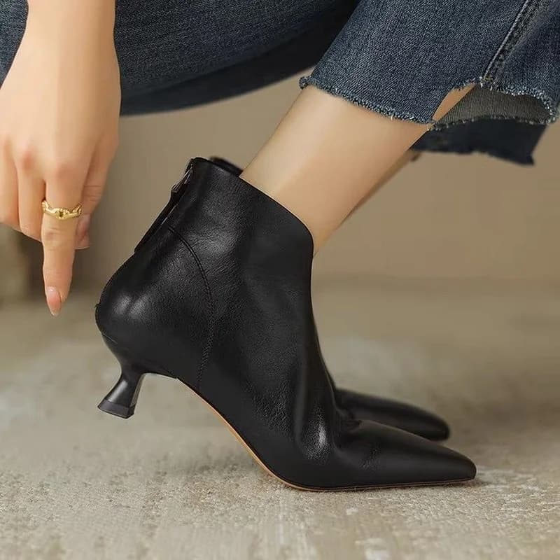 FHC Nuovi stivaletti da donna autunnali, scarpe alla moda in morbida pelle, cerniera posteriore, tacco medio Botas corti, punta a punta, nero, marrone, Dropship