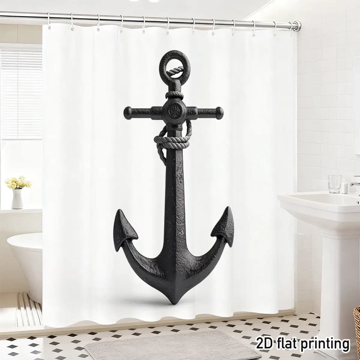 Tenda Doccia in Poliestere con Ancora Nautica e Corda, 2D Piatta, Impermeabile, con Occhielli, Decorazione Bagno Stile Marino Costiero