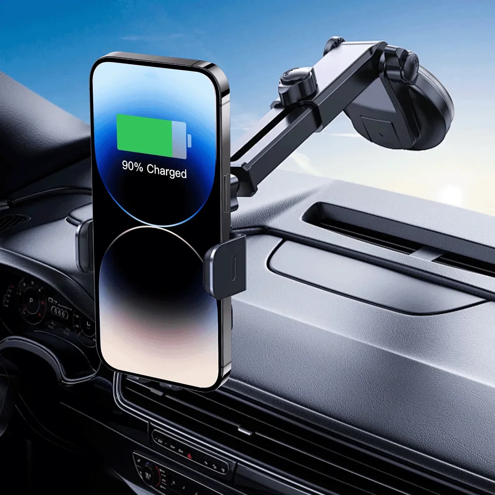 Caricabatterie wireless rapido da 15W per auto con supporto autoadesivo per iPhone e Galaxy