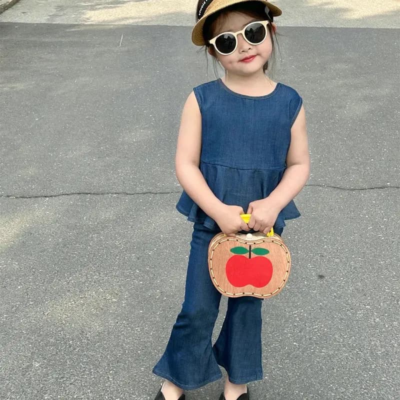 Abbigliamento estivo per ragazze Top in Denim monopetto e pantaloni svasati abbigliamento Casual alla moda abbigliamento per bambini Set di due pezzi