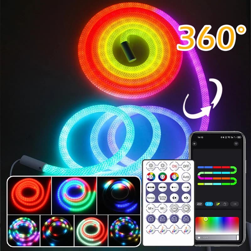 5V Neon LED Strip, 60LEDs/m 360 Degree Round Neon LED Strip Kit Rope Light Dreamcolor Round Nylon Reticulate Pattern LED Strip